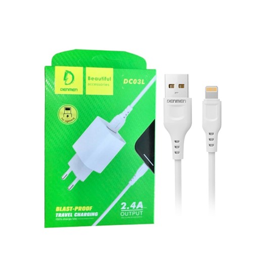 CHARGER ADAPTER DENMEN DC03L 2.4A WITH LIGHTNING CABLE WHITE